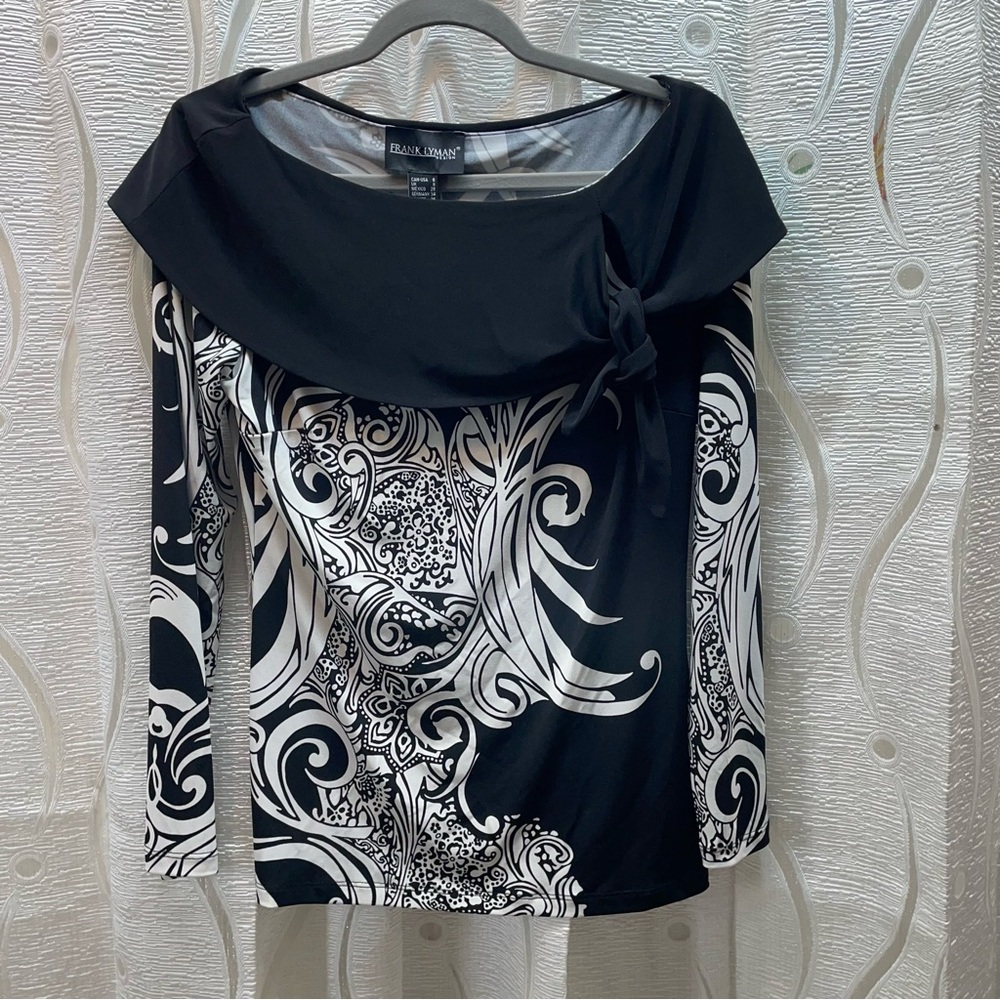 Frank Lyman Blouse Women 6 Black White Excellent Off Shoulder Tie Knot 193270